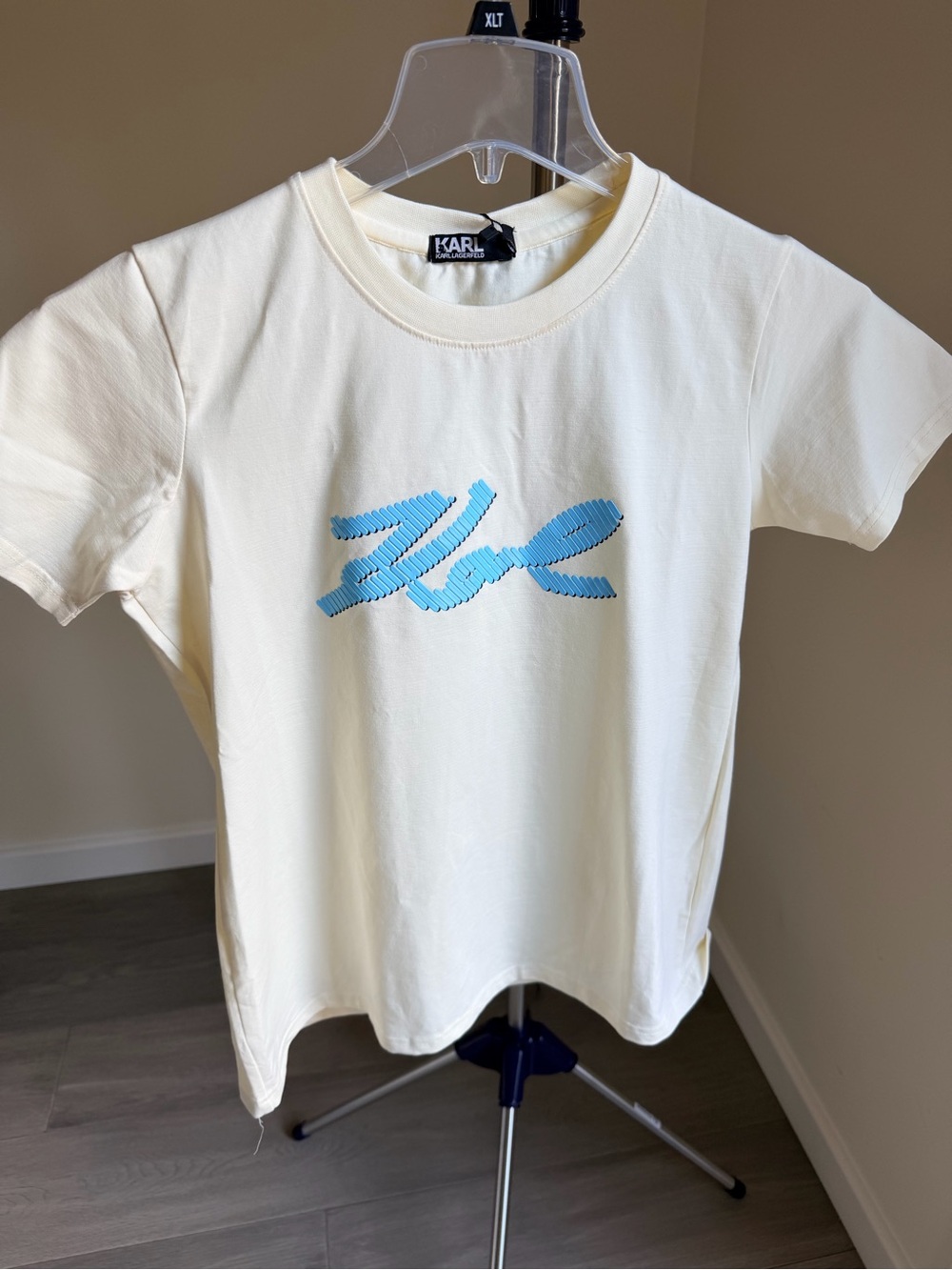 Karl Lagerfeld Cream Tee with Light Blue Scripted “Karl” Logo M 100% cotton